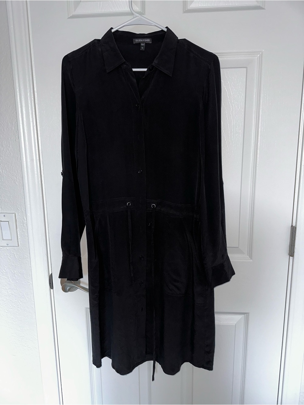 Eileen Fisher 100% Silk Black Long-Sleeve Drawstring Shirtdress - Picture 3 of 6